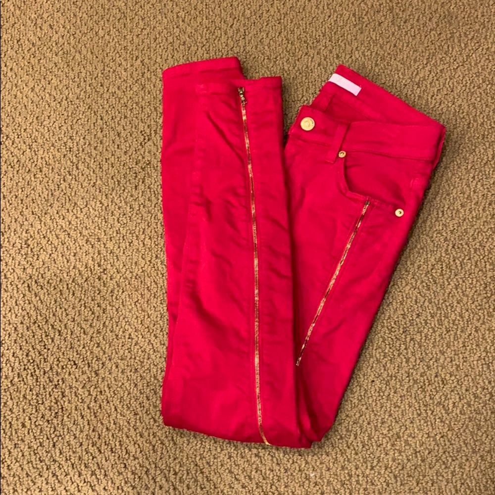 7forallmankind- Hot Red Side-Zip Skinny Jeans